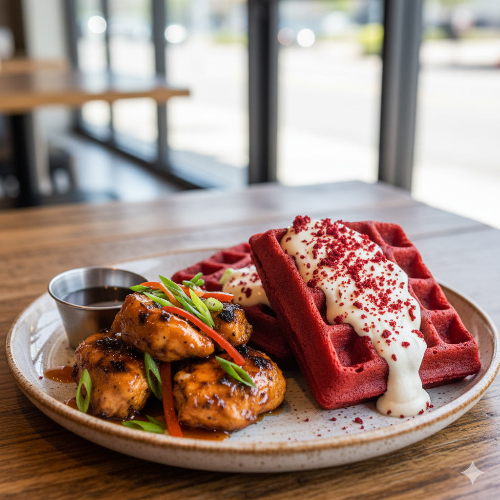 Red Velvet Belgian Waffles & Whiskey Jerk Chicken